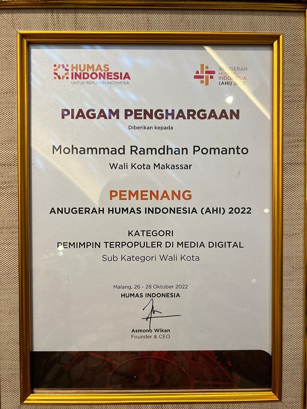 AHI 2022: Danny Pomanto Wali Kota Terpopuler, Pemkot Makassar Institusi Terpopuler
